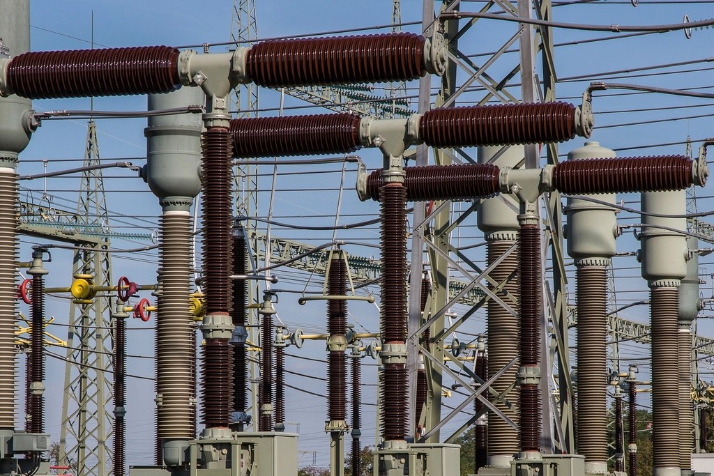 High voltage insulators in a substation yard